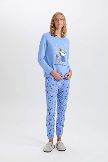DeFacto Dfc - Women's Fall in Love Snoopy Regular Fit Crew Neck Long Sleeve Top Bottom Pajamas Set