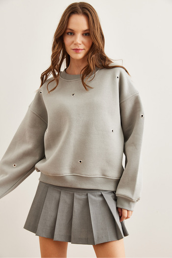 Olalook Women's Dolphin Gray Bird Eye Detailed Raised Premium Sweatshirt Swt- 19000672