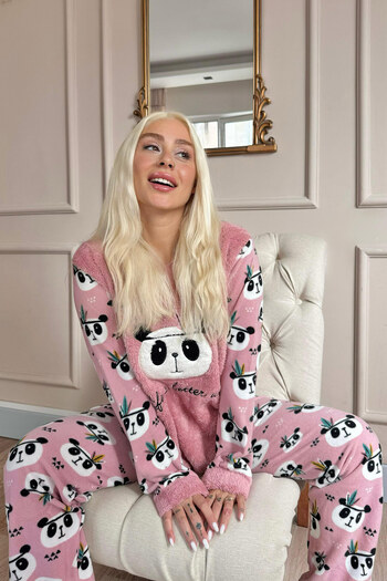 Pijamaevi Σετ γυναικείες βελούδινες πιτζάμες Pink Life Panda με σχέδιο