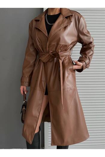 Friday Mood Women's Cuff Detailed Leather Trench Coat