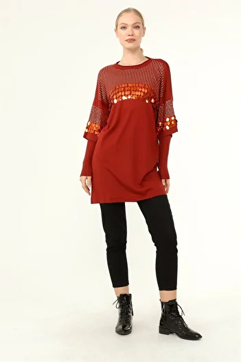FTZ WOMEN Brick Color Women's Tunic - Front Sequin Detail, Model 21-1073