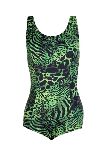 Endeep Beria Women's Large Size Cuped Green Patterned Swimsuit