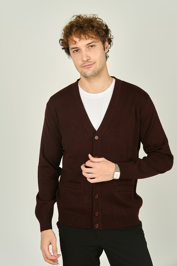 Ateş Triko Men's V-Neck Buttoned Long Sleeve Wool Cardigan 1020 K. Claret Red