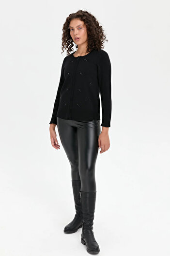 Desen Triko Women's Zero Collar Seamless Jewelled Front Zippered Wool Cardigan Black