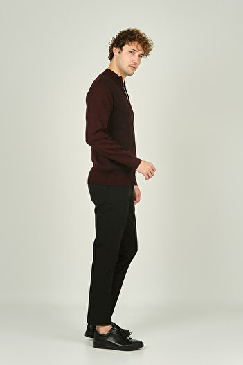 Ateş Triko Men's Zippered Pocket Detailed High Collar Wool Cardigan 4491 Claret Red