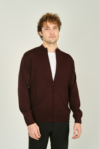 Ateş Triko Men's Zippered Double Pocket High Collar Wool Cardigan 1021 Claret Red