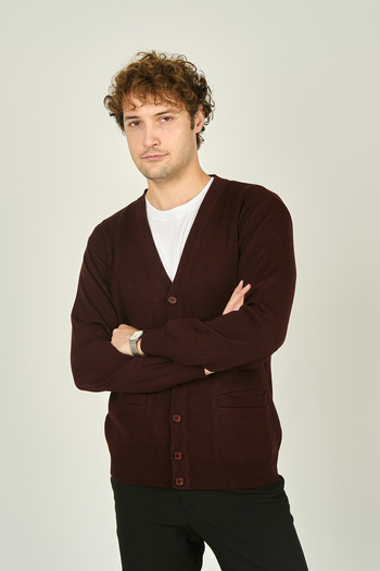 Ateş Triko Men's V-Neck Buttoned Long Sleeve Wool Cardigan 1020 K. Claret Red