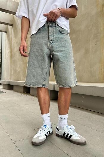 HAFKAGİYİM Textured Ice Blue Go Baggy Denim Shorts