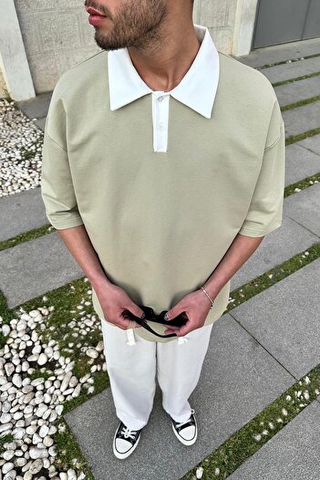 HAFKAGİYİM Μπλουζάκι WATER GREEN Basic Polo Neck OUTPLENTY PREMIUM Oversize T-shirt
