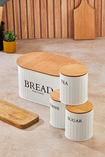 hemlife Metal Bread Bowl with Wooden Lid, Tea, Coffee, Sugar Set of 4 White/Wood