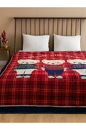 LC Waikiki Lcw Home Red Teddy Bear Printed Double Blanket