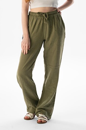 Eliş Şile Bezi Muslin Lace-Up Waist Double Pocket Women's Summer Trousers Khaki Hk