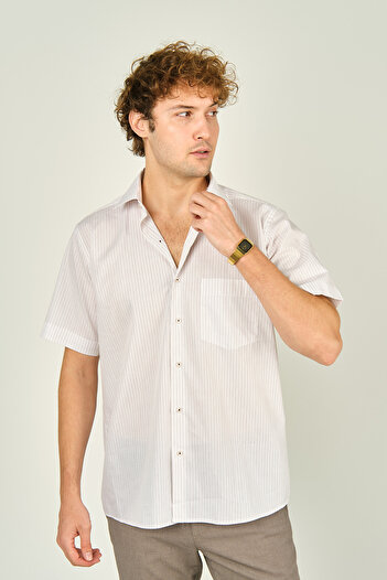 MUGİ Men's Striped Red Mugi Shirt - 100% Cotton, Single Pocket, Short Sleeve 2003 Model
