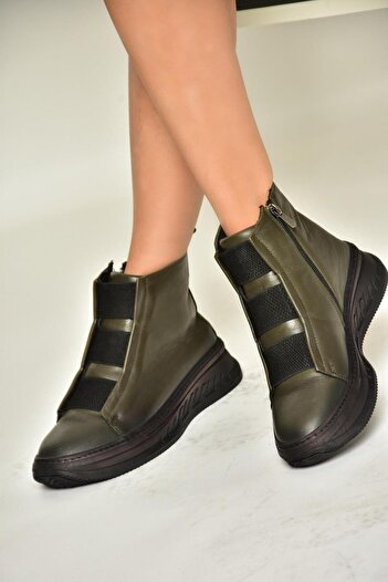Fox Shoes T555130103 Haki Hakiki Deri Comfort Ortopedik Taban Kadın Bot