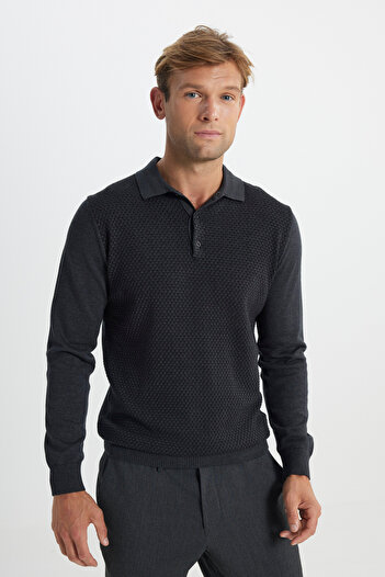 ALTINYILDIZ CLASSICS Men's Anthracite-Melange Cotton Standard Fit Regular Cut Polo Collar Jacquard Knitwear Sweater