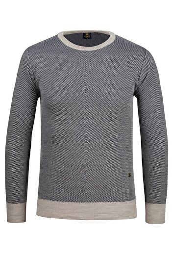 Çizgi Triko Men's Striped Knitwear Sweater - Zero Collar, Patterned Sleeves and Waist Elastics, Steel Knit Regular Fit -5013C
