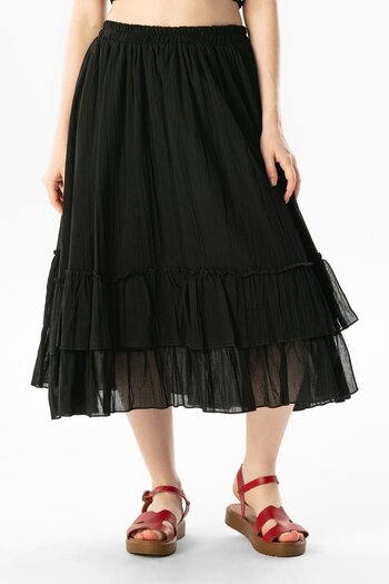 Eliş Şile Bezi Lavinya Elastic Waist Voile Long Summer Skirt Black Black