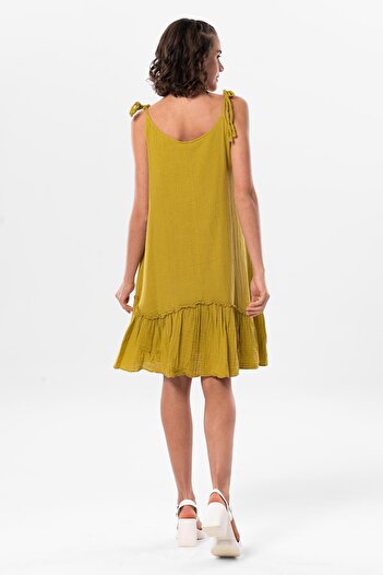 Eliş Şile Bezi Strappy Serra Flounced Short Summer Muslin Dress Oil Green Ygysl