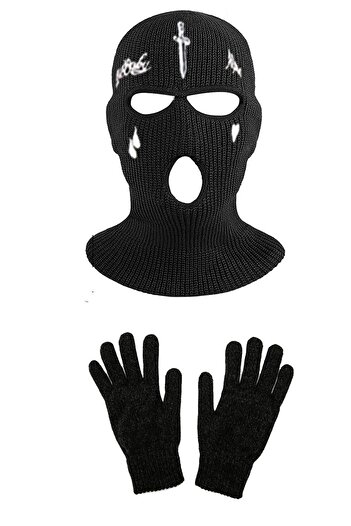 Belifanti Collection Knitted Unisex Sword Teardrop Embroidered Snow Mask Knitted Gloves Set Black