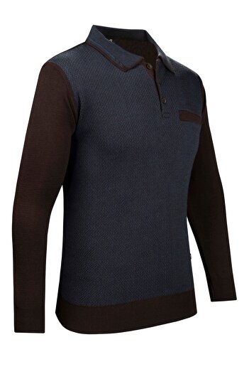 Çizgi Triko Men's Polo Collar Stripe Knitwear Sweater - Patterned Sleeve and Waist Elastic, Steel Knit Classic - 5014F