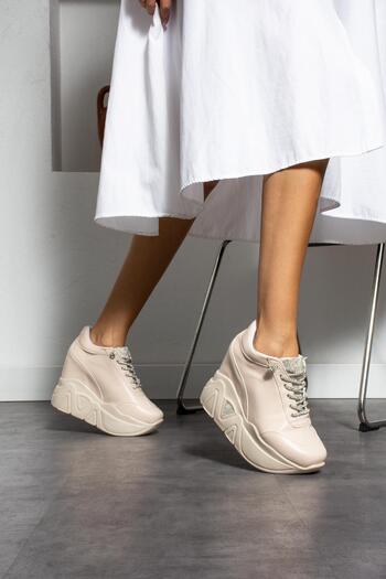 Modanizm Joes Cream Leather Sneakers with Hidden Heels