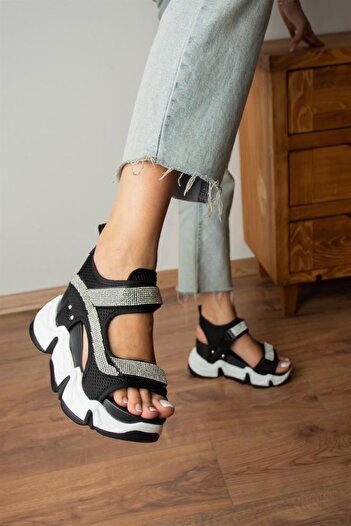 Modanizm Barcero Black Stone Embroidered Sandals