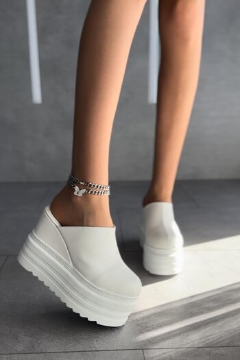 Modanizm Join Wedge Heeled White Slippers