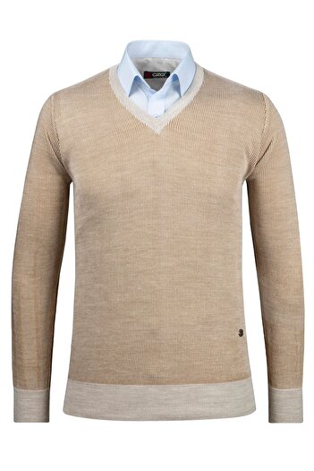 Çizgi Triko Men's V-Neck Stripe Knitwear Sweater - Patterned Sleeve and Waist Elastic, Steel Knit Classic Fit - 5015D
