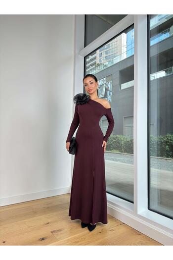 modaçelikler Long Sleeve One Shoulder Open Accessory Mads Claret Red Women's Long Dress 25K102