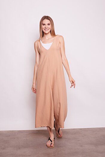 Jument V-neck Wide Leg Double Jumpsuit - Camel