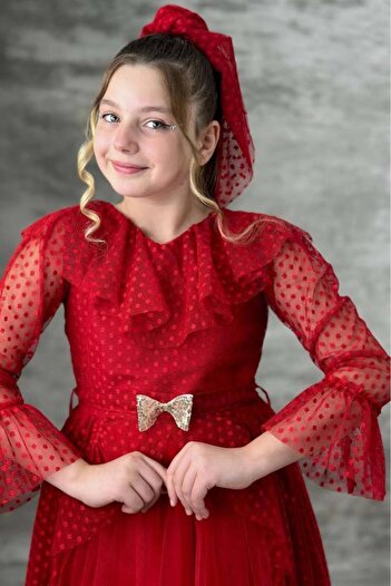 Riccotarz Girl's Guipure Detailed Red Evening Dress with Frilly Collar and Polka Dot Skirt with Fluffy Tulle