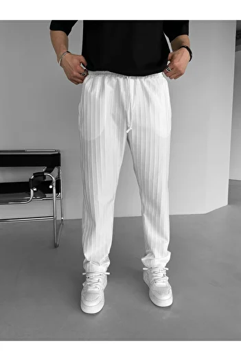 ablukaonline White Striped Baggy Fit Men's Trousers