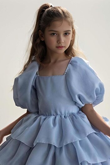 Riccotarz Blue Girl's Evening Dress with Balloon Sleeves - Layered Skirt and Ruffle Lined