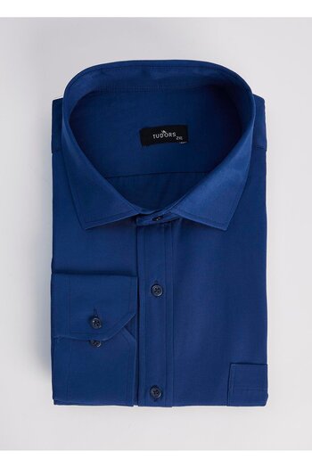 Tudors Men's Big Size Large Size Cotton Single Pocket Satin Navy Blue Shirt