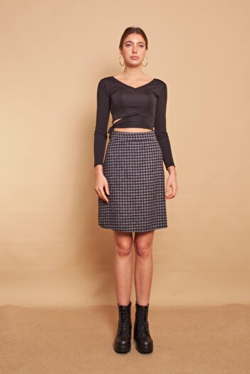 Jument Women's Tweed Fabric High Waist A-Line Skirt-Anthracite Houndstooth