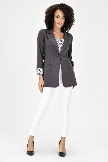 Jument Anthracite Cotton Blazer Jacket - Long Sleeve, Collar and Pocket, Can Be Folded if You Want