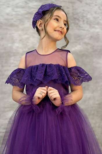 Riccotarz Girl's Purple Evening Dress with Transparent Collar, Off-the-Shoulder, and Guipure Embroidered Sleeves