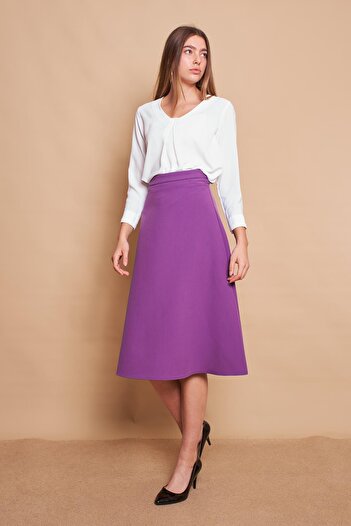Jument Women's High Waist Below Knee Light Lycra Fabric A-Line Skirt - Purple