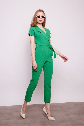 Jument Shawl Collar Drop Shoulder Lace Up Ankle Length Stylish Cotton Lycra Fabric Jumpsuit - b.green