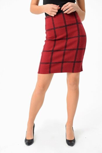 Jument Plaid Patterned High Waist Wool Cashmere Pencil Skirt-Burgundy Checkered