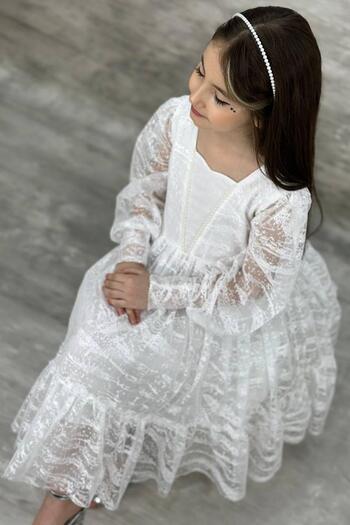 Riccotarz Girl's White Evening Dress with Transparent Sleeves, Pearl Beaded Neck and Ruffled Hem