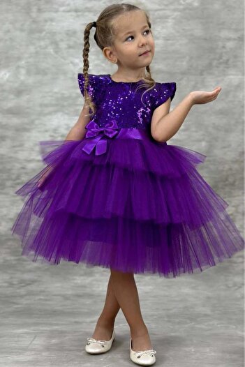 Riccotarz Girl's Sequined Embroidered Katkat Purple Evening Dress