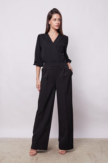 Jument Light Lycra Capri Three-Quarter Jumpsuit - Stylish Sleeve Wide Leg, Black