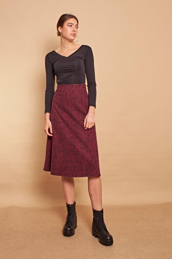 Jument Women's Winter Woolen Jacquard Light Lycra Fabric High Waist Long A-Line Skirt-Burgundy Diagonal