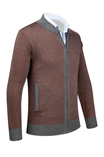Çizgi Triko Stripe Knitwear Men's Knitwear Jacket with Zippered Pocket Detail Patterned Sleeve and Waist Elastic Steel Knit - 5015K