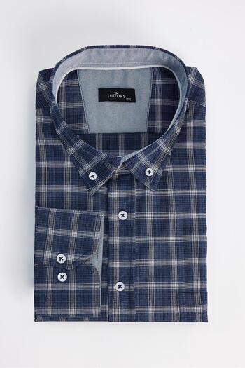 Tudors Men's Big Size Large Size Cotton Checked Buttoned Collar Shirt