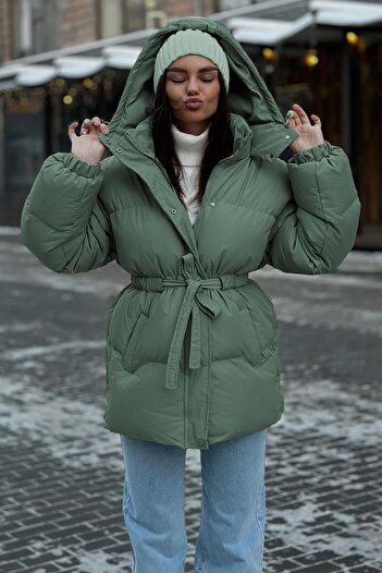 Madmext Khaki Hooded Puffer Jacket with Belt Detail Mg2179