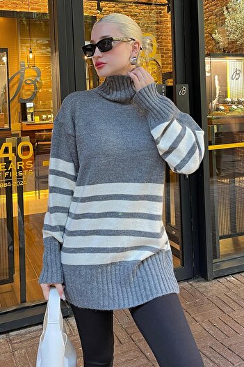 Madmext Gray Oversize Turtleneck Striped Sweater Mg2168