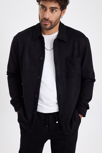 MADZEYMODA New Season Men's Single Pocket Scuba Black Suede Shirt Mz19811