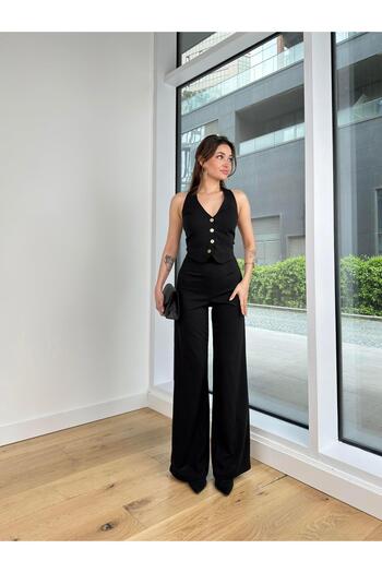 modaçelikler Jakub Women's Black Jumpsuit - Wide Leg, Neck Strap, Buttoned 24Y405